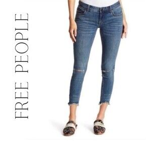 Free People Ripped Raw Hem Cropped Skinny Jeans Size 28 Distressed Blue
